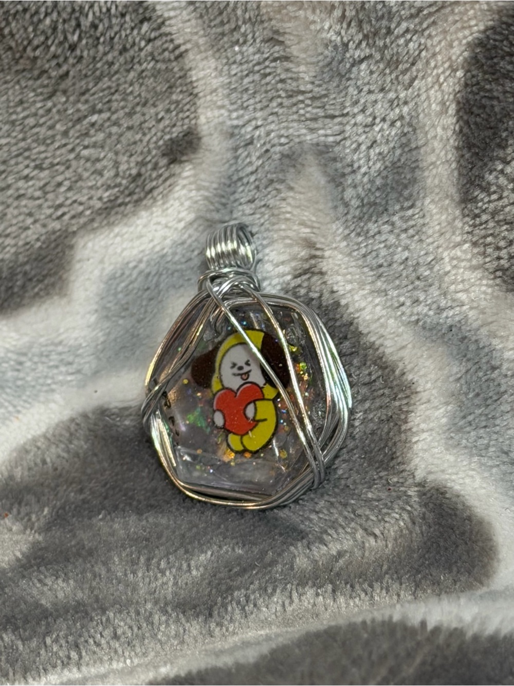 Silver Wire-Wrapped Pendant with Yellow Character and Red Heart K-pop inspired